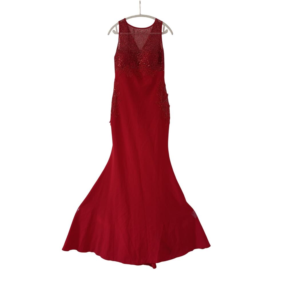 Red Sleeveless Sequin Evening Gown with Lace Detail - Picture 2 of 10